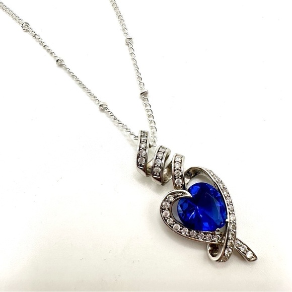 Sterling Silver Pendant Blue Heart Necklace CZ Stone | N200 - Picture 1 of 5